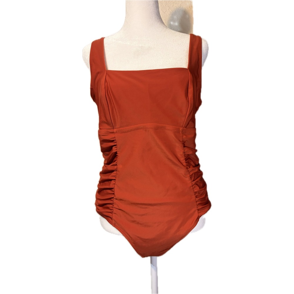Old Navy Womens Rust Orange Ruched Square Neck One Piece Swim Tummy Control L